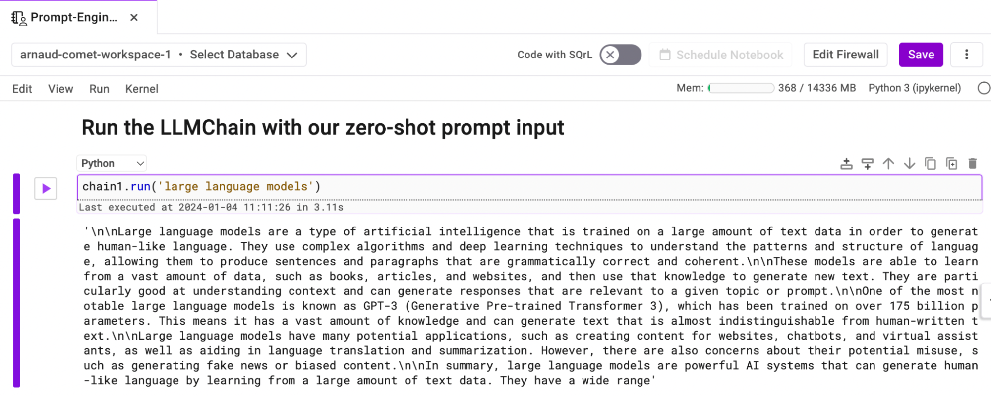 使用零样本提示输入运行 LLMChain。这里，我的输入是“大型语言模型”